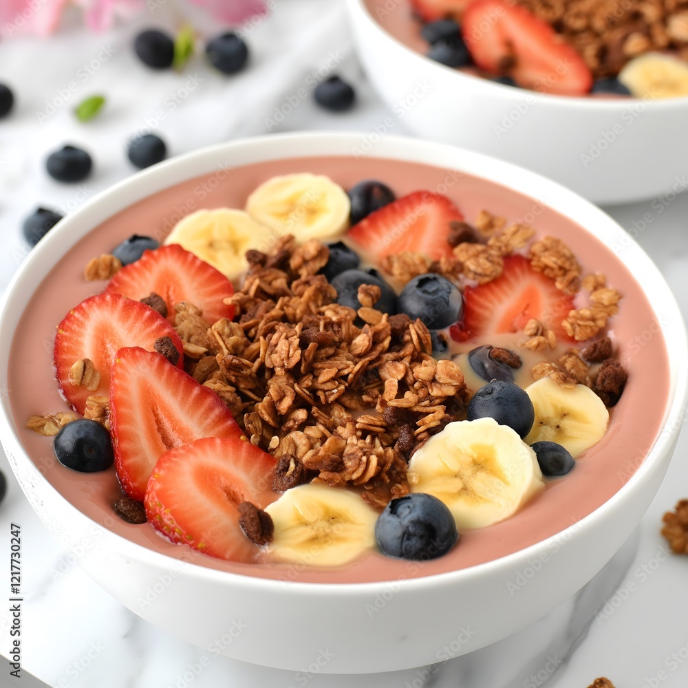Strawberry Banana Granola Bowl: A tantalizingly healthy breakfast bowl bursting with vibrant colors, featuring a pink smoothie base, sliced bananas, fresh strawberries, and crunchy granola. Strawberry Banana Granola Bowl: A tantalizingly healthy breakfast bowl bursting with vibrant colors, featuring a pink smoothie base, sliced bananas, fresh strawberries, and crunchy granola.