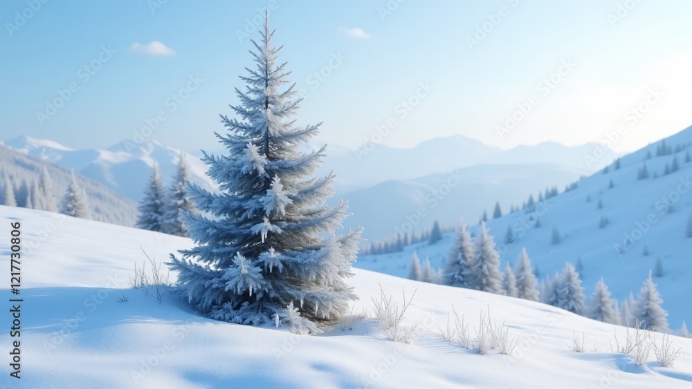 A blue pine tree with silvery-blue needles and icicle-covered branches, set in a serene snowy alpine meadow under winter sunlight. A blue pine tree with silvery-blue needles and icicle-covered branches, set in a serene snowy alpine meadow under winter sunlight.