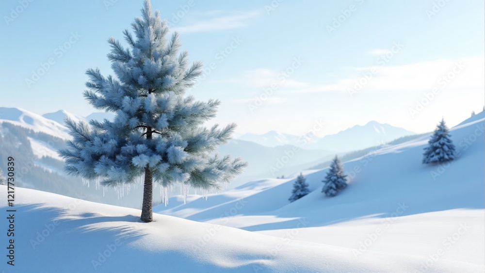 Obraz premium A blue pine tree with silvery-blue needles and icicle-covered branches, set in a serene snowy alpine meadow under winter sunlight.