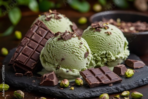 Pistachio ice cream scoops with chocolate flakes and pistachios on slate photo