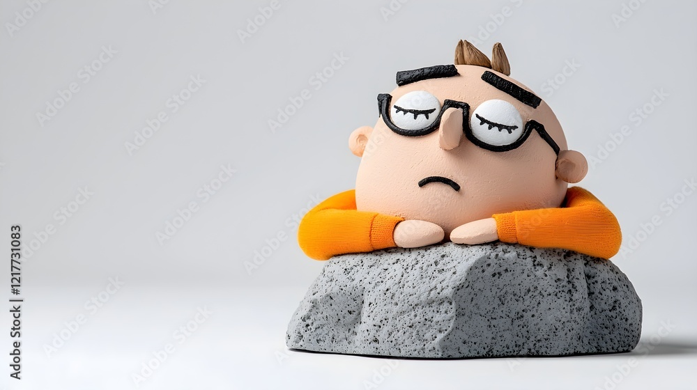 Fototapeta premium A whimsical clay figure of a person with glasses, resting their head on their hands atop a gray rock, wearing an orange sweater.