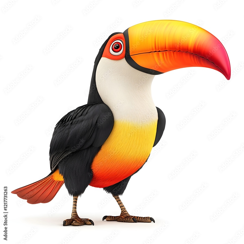 Naklejka premium Colorful cartoon toucan with a vibrant beak, standing upright against a white background, showcasing its playful and lively character.