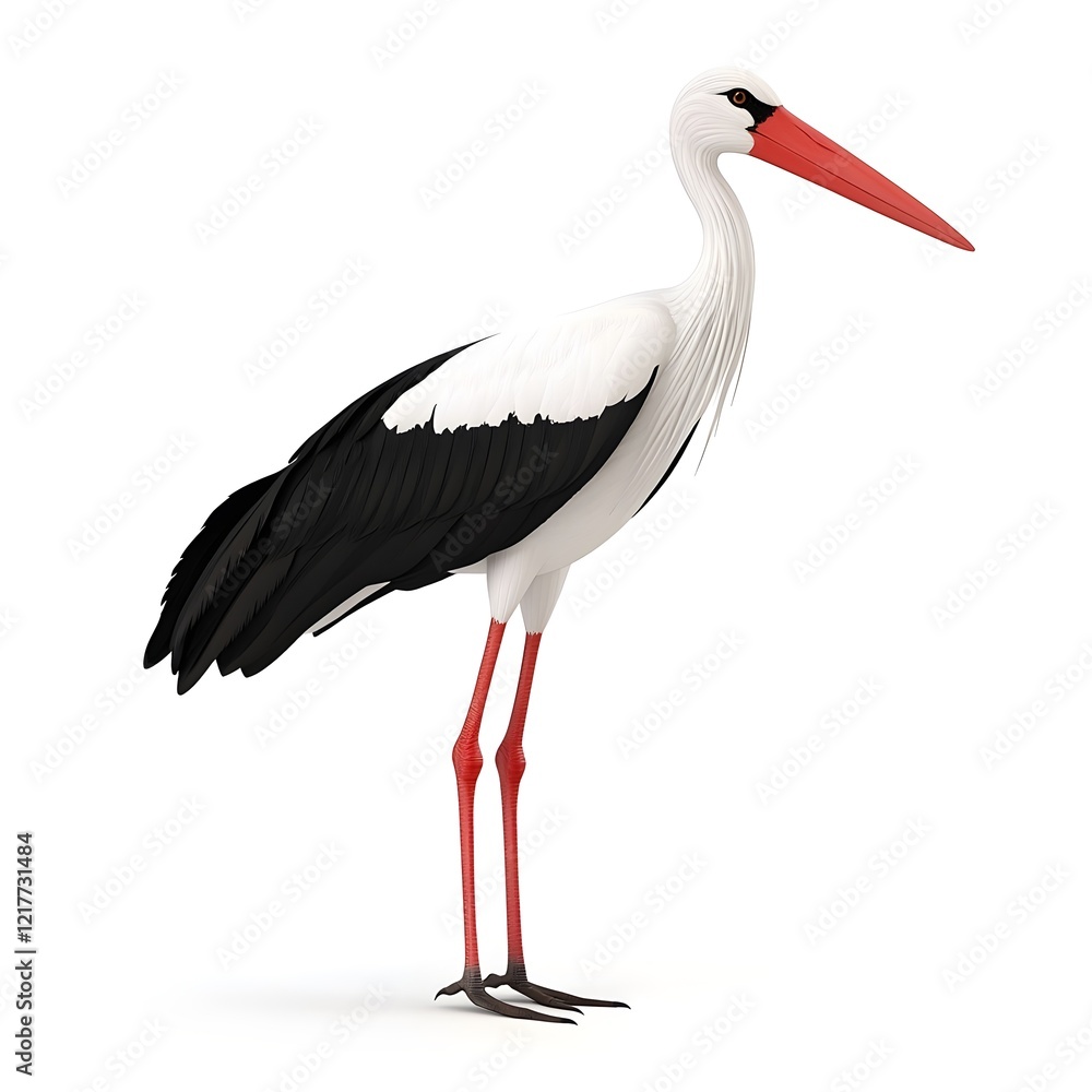 A tall, elegant stork with a long red beak, white body, and black wings, standing gracefully on slender legs against a plain background. A tall, elegant stork with a long red beak, white body, and black wings, standing gracefully on slender legs against a plain background.