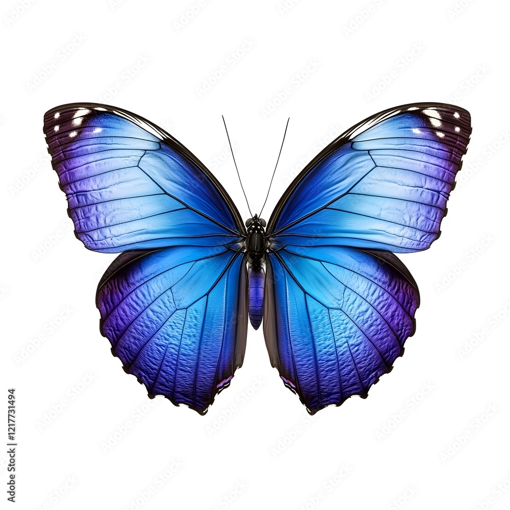 Obraz premium Vibrant blue butterfly with intricate wing patterns, showcasing nature's beauty and colorful design.
