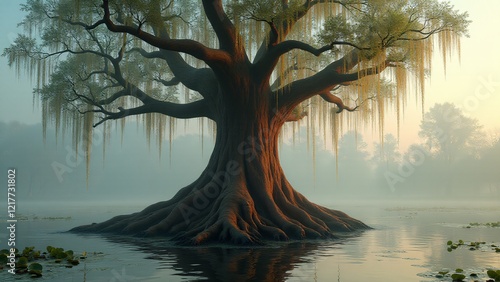 A bald cypress tree with a flared base and light green leaves, surrounded by swamp waters and draped in Spanish moss under a dawn sky. photo