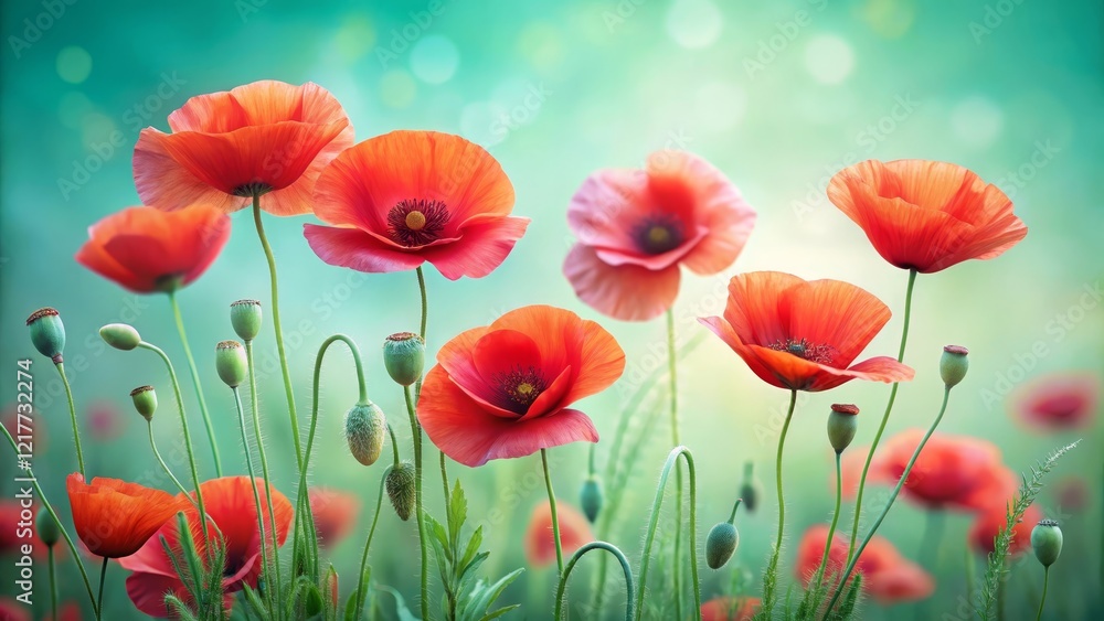Naklejka premium A delicate image of wild poppies with vibrant red petals and green stems, set against a soft pastel mint backdrop, with the bold flowers creating a striking focal point