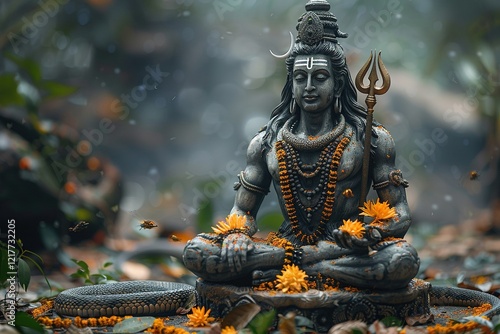 Shivaratri background with Shivas trident, Pellet Drum Damroo musical instrument ans snake photo