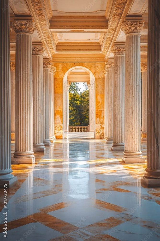 Obraz premium Marble columns supporting ceiling in luxury palace interior with shiny floor