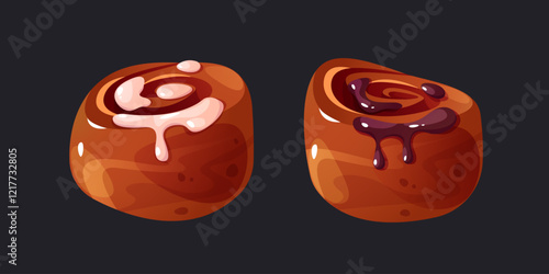 Cinnabon vector illustrations. Pastries with icing and chocolate