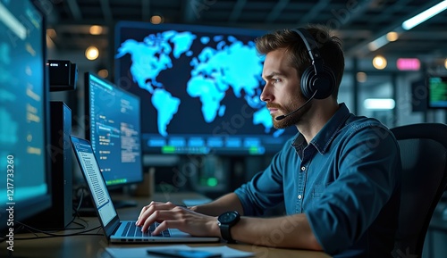 man sitting at a desk with a computer monitor