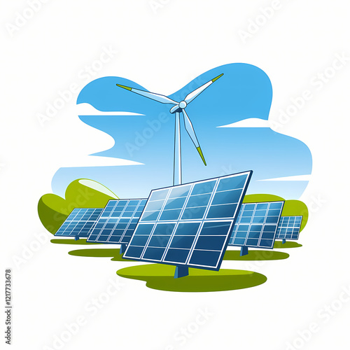 illustration image solar panels and wind turbine generator green energy concept