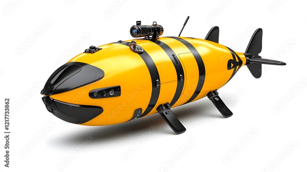A yellow underwater drone designed with a bee-like appearance, featuring fins and cameras for aquatic exploration. A yellow underwater drone designed with a bee-like appearance, featuring fins and cameras for aquatic exploration.