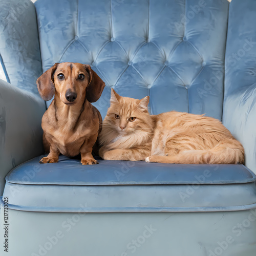 Dachshund puppy dog sitting on blue sofa chair with kitty friend pals buddies waiting for treats funny pets photo