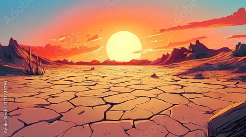 Vast arid landscape featuring sun-bleached cracked earth. Solar Plains. Illustration photo