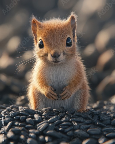 Cute squirrel posing on pebbles, sunset background, wildlife illustration, children's book photo