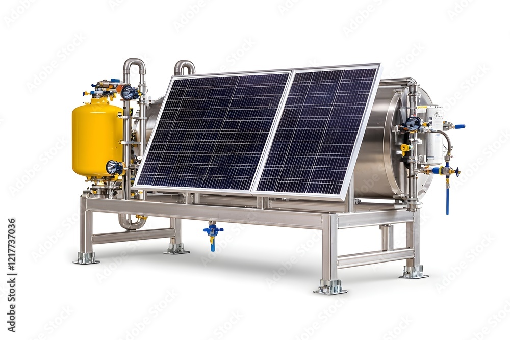 Fototapeta premium Solar-powered equipment with stainless steel components, featuring solar panels, a yellow tank, and a modern design for sustainable energy applications.