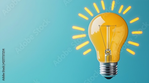 Bright yellow light bulb with rays on a blue background, symbolizing ideas and innovation.