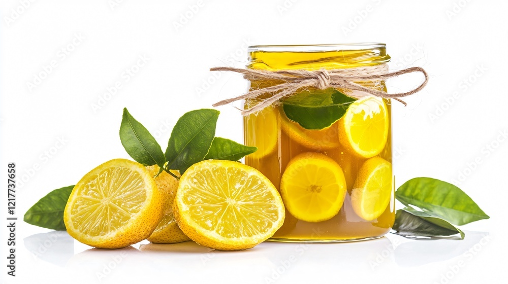 A jar of golden calamansi marmalade with visible calamansi slices, styled with fresh leaves and a rustic twine bow, isolated on a white background A jar of golden calamansi marmalade with visible calamansi slices, styled with fresh leaves and a rustic twine bow, isolated on a white background