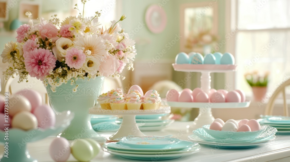 A festive table is set with colorful plates and cups, adorned with vibrant flowers, perfect for an Easter celebration. A festive table is set with colorful plates and cups, adorned with vibrant flowers, perfect for an Easter celebration.