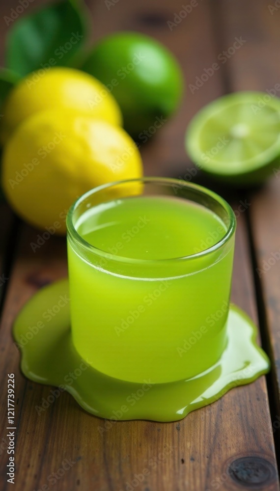 Fresh lime juice spills on wooden table surface, fresh lime, wood surface Fresh lime juice spills on wooden table surface, fresh lime, wood surface