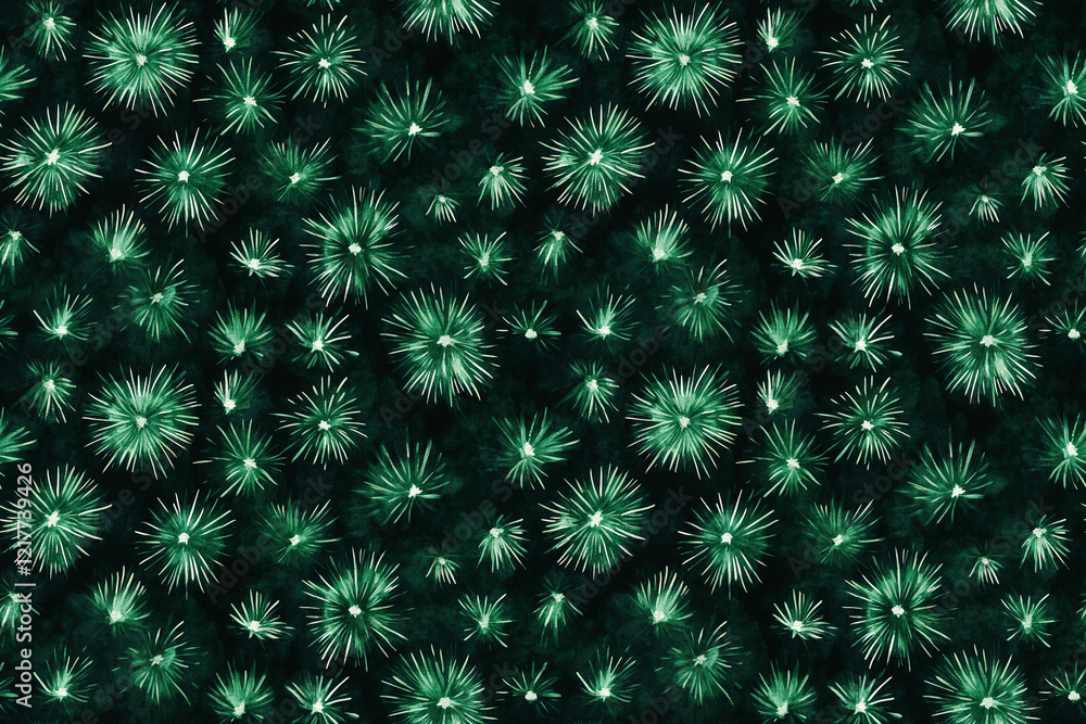 Fototapeta premium Seamless watercolor green fireworks in the sky at night pattern wallpaper