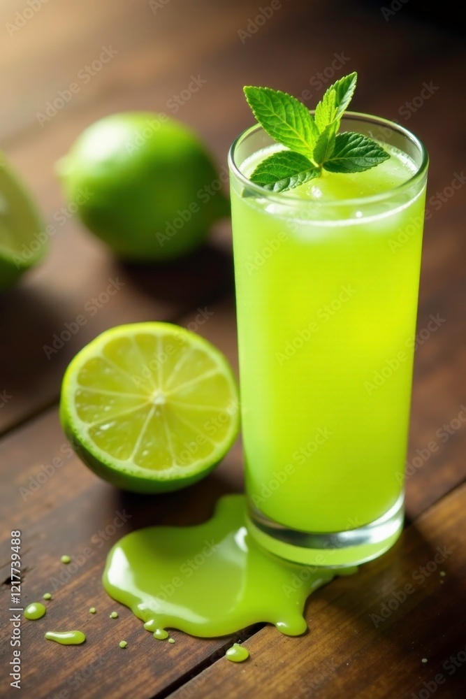 Fresh lime juice spills on wooden table surface, lime juice spill, , wood surface Fresh lime juice spills on wooden table surface, lime juice spill, , wood surface