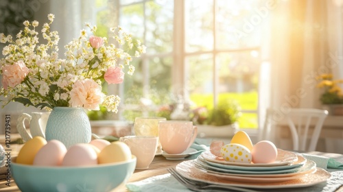 Wallpaper Mural A festive Easter table setting with colorful plates and cups, adorned with flowers in a vase, celebrating the holiday spirit. Torontodigital.ca