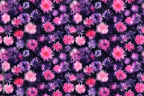 Seamless watercolor purple and pink fireworks in the sky at night pattern wallpaper