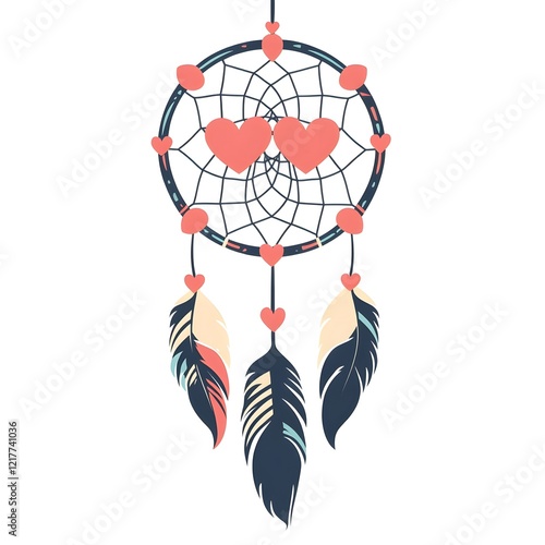 Decorative dreamcatcher with heart motifs and feathers hanging against a simple background photo