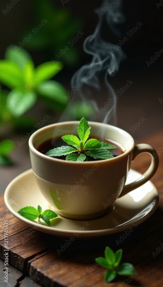 Fresh mint leaves are scattered across the surface of a steaming cup of hot black tea on a wooden table, fragrance, scent, herbal Fresh mint leaves are scattered across the surface of a steaming cup of hot black tea on a wooden table, fragrance, scent, herbal