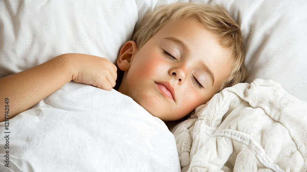 Child Sleeping Calmly in Bed, Snuggled in Covers Child Sleeping Calmly in Bed, Snuggled in Covers