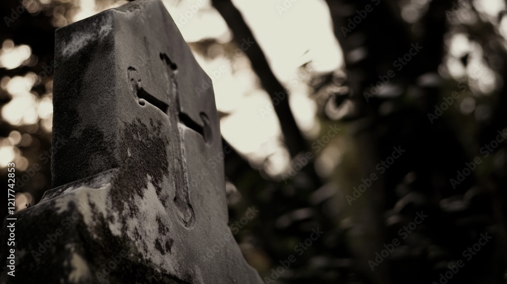 Weathered stone cross in serene forest setting Weathered stone cross in serene forest setting
