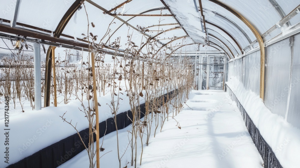 Snow-covered greenhouse with dormant plants in winter wonderland Snow-covered greenhouse with dormant plants in winter wonderland