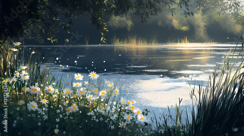 Thawing lake, wildflowers adorn a thawing lake sparkling in sunlight. Sparkling Lake. Illustration photo