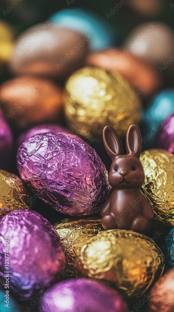 A chocolate bunny rests surrounded by colorful foil-wrapped eggs, symbolizing Easter festivities and treats. A chocolate bunny rests surrounded by colorful foil-wrapped eggs, symbolizing Easter festivities and treats.