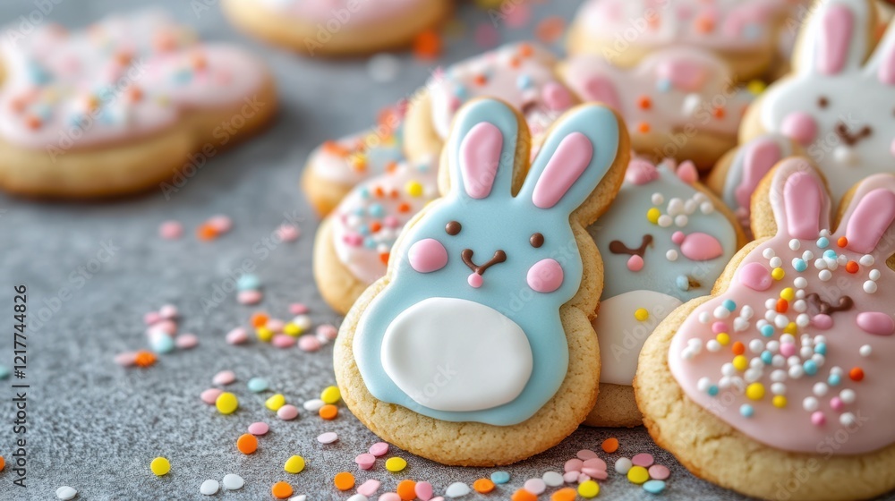 A colorful array of Easter-themed cookies with various designs displayed on a festive table. A colorful array of Easter-themed cookies with various designs displayed on a festive table.
