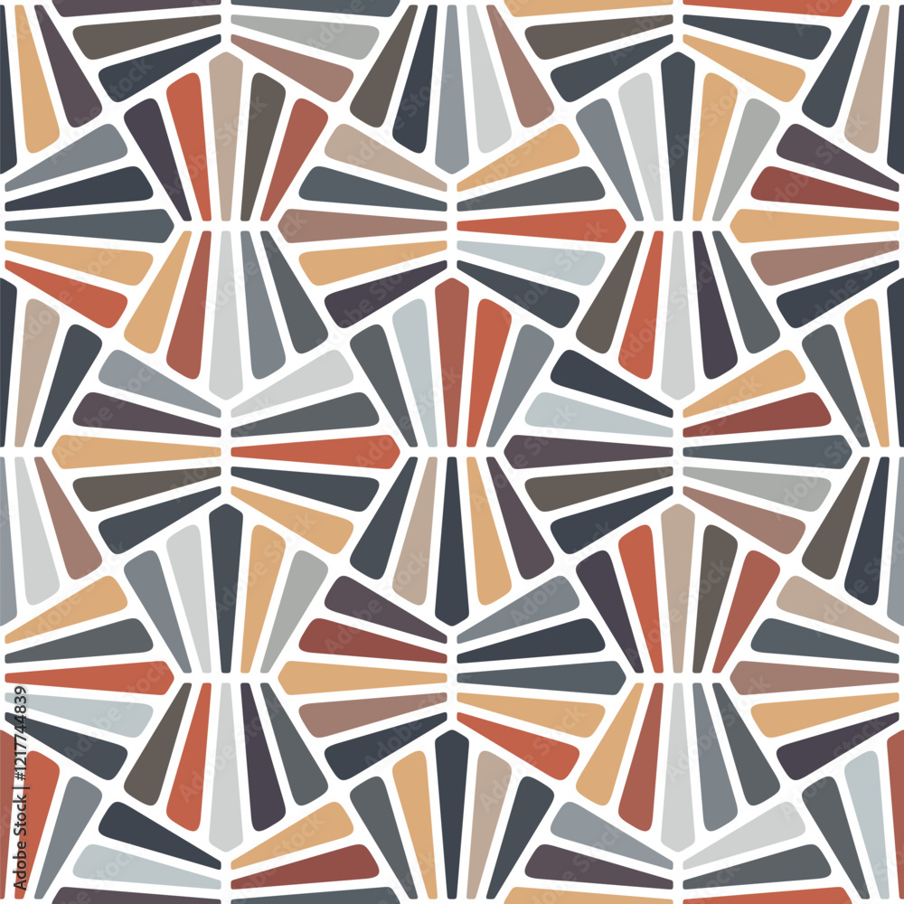 Fototapeta premium Seamless geometric pattern with a fractal mosaic design of multicolored geometric elements on a white background. Contemporary retro style. Abstract vector illustration.