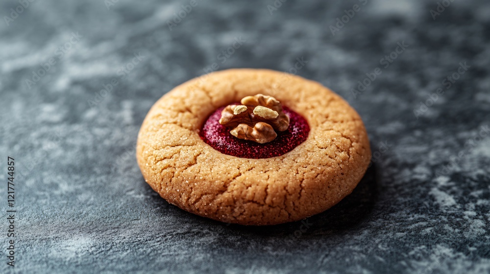 A single cookie with a walnut center, styled with red and gold accents, isolated on a slate gray surface A single cookie with a walnut center, styled with red and gold accents, isolated on a slate gray surface