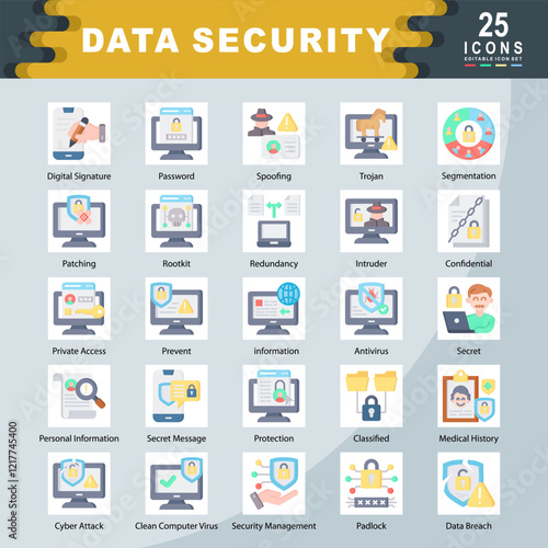 Data Security icon set containing Digital Signature, Password, Spoofing, Trojan, Segmentation, Patching, Redundancy, Intruder, Confidential, Prevent icon. Simple flat vector
