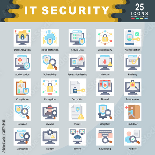 IT Security icon set containing Data Encryption, cloud protection, Secure Data, Cryptography, Authentication, Authorization, Vulnerability, Malware, Phishing, Firewall icon. Simple flat vector
