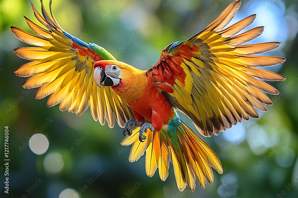Fototapeta premium Vibrant colors of the Carolina Parakeet against a blue sky its wings spread wide in flight capturing the beauty of this lost species
