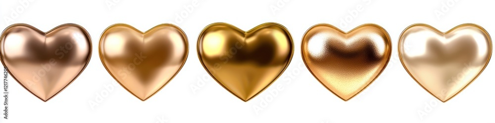 A high-resolution set of 5 golden hearts, each one in a different shade of gold (light gold, rose gold, deep gold, etc.), isolated as PNG cutouts on a transparent background with smooth, clean edges. A high-resolution set of 5 golden hearts, each one in a different shade of gold (light gold, rose gold, deep gold, etc.), isolated as PNG cutouts on a transparent background with smooth, clean edges.