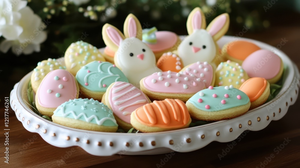 A bowl filled with various decorated cookies, perfect for celebrating Easter festivities and gatherings. A bowl filled with various decorated cookies, perfect for celebrating Easter festivities and gatherings.