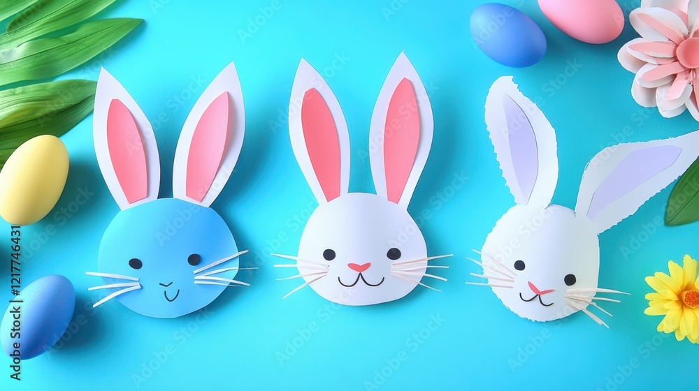 Obraz premium Three colorful paper Easter bunnies with long ears are lined up in a festive display.
