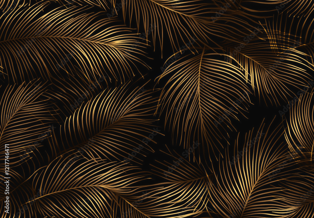 Obraz premium Golden tropical palm leaves seamless pattern on black background