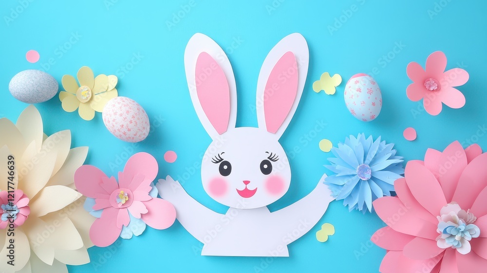 Obraz premium A cute paper bunny adorned with a flower, symbolizing the joy and renewal of Easter celebrations.