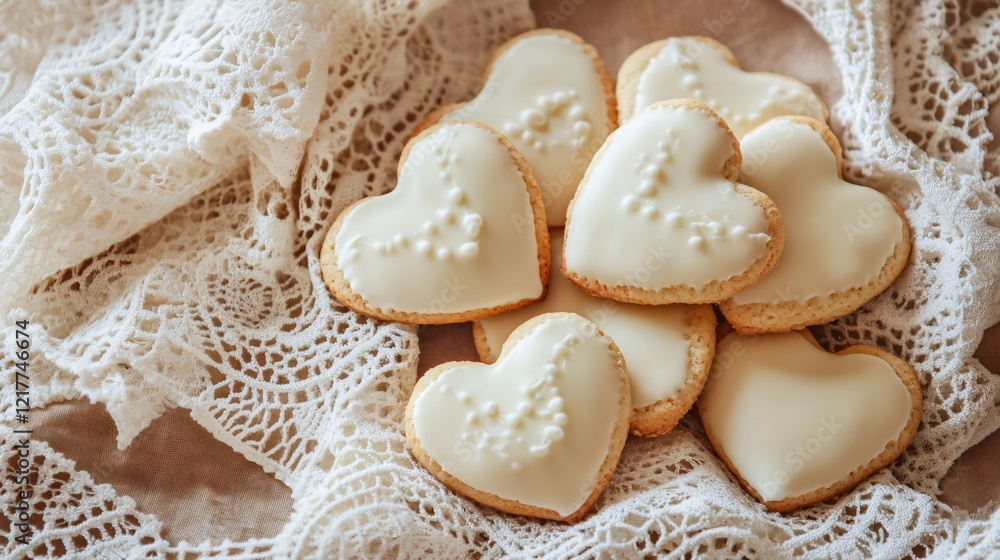 Heart-shaped cookies dipped in white chocolate, arranged on a vintage lace cloth, isolated on beige Heart-shaped cookies dipped in white chocolate, arranged on a vintage lace cloth, isolated on beige