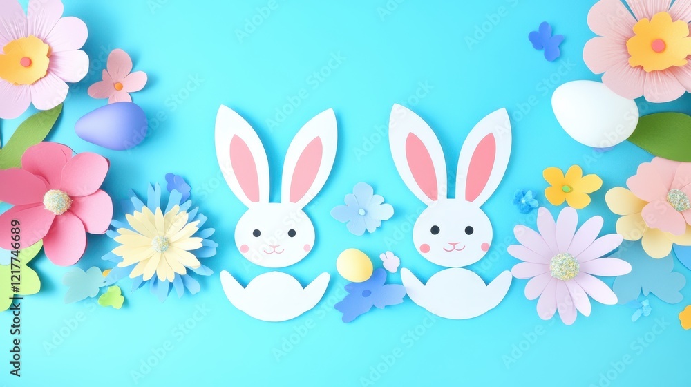 Two paper rabbits sit amid a vibrant flower field, symbolizing the joy and renewal of Easter celebrations. Two paper rabbits sit amid a vibrant flower field, symbolizing the joy and renewal of Easter celebrations.