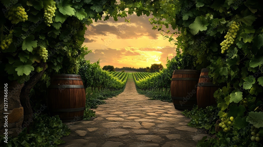 Fototapeta premium Vineyard pathway at sunset with wine barrels and lush grapevines creating a serene ambiance