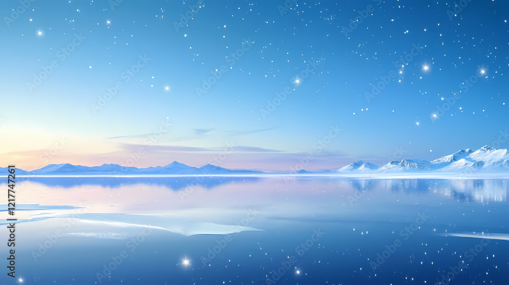 Naklejka premium A serene winter landscape with a tranquil frozen lake reflecting a breathtaking sunrise and sparkling stars in the clear blue sky. Sparkling Lake. Illustration